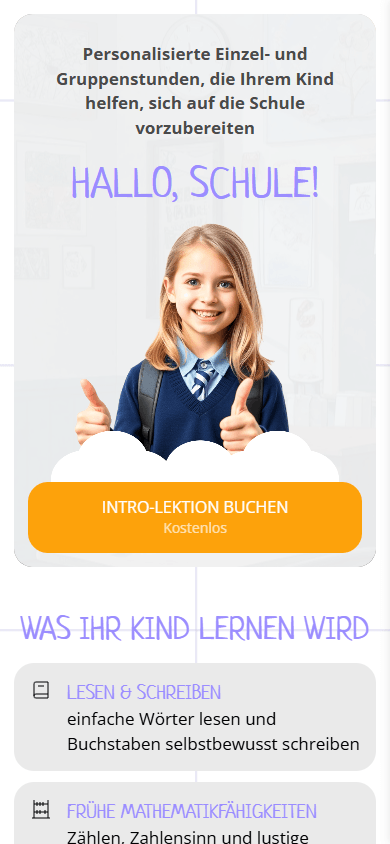 Oberer Teil des Link-in-Bio-Seiten-Beispiels einer Online-Kinderschule