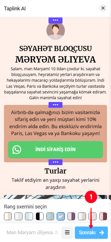 Taplink AI səhifə qurucusunda Sonrakı düyməsinə toxunmaq