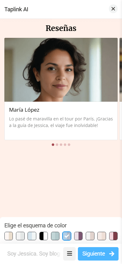 Un diseño de la sección de Reseñas con una foto grande del cliente, el nombre y el testimonio