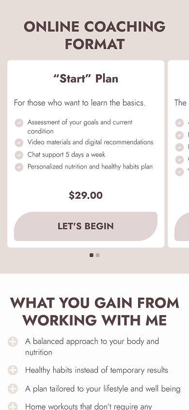 Middle section of the yoga coach’s Beacons-style website built on Taplink