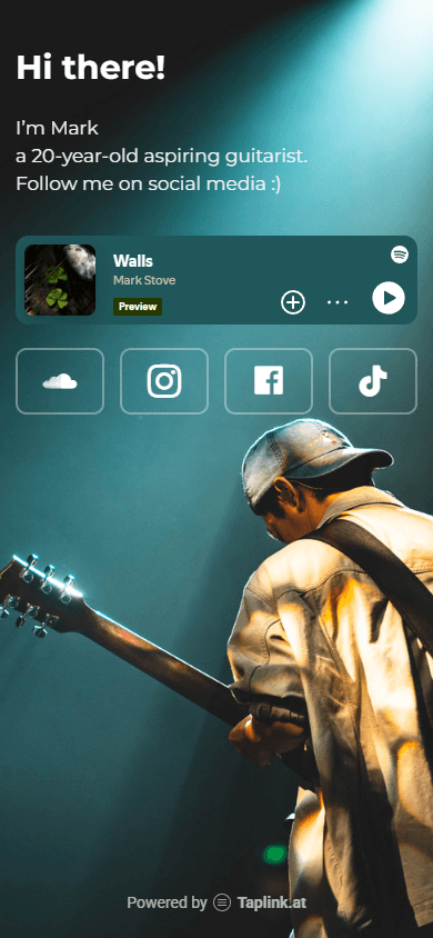 Musician’s Milkshake-style website featuring an embedded music block