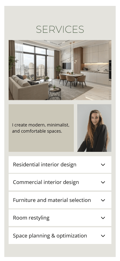 Bottom section of the interior designer’s Milkshake-style website showing the Custom block and FAQ block