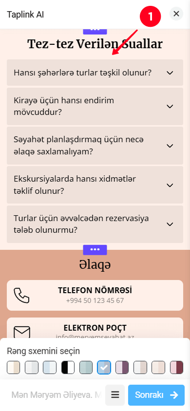 Taplink AI səhifə interfeysində FAQ bölməsinə toxunmaq