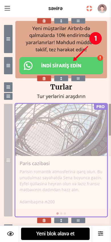 Taplink səhifə qurucusunda Messencer blokuna toxunmaq