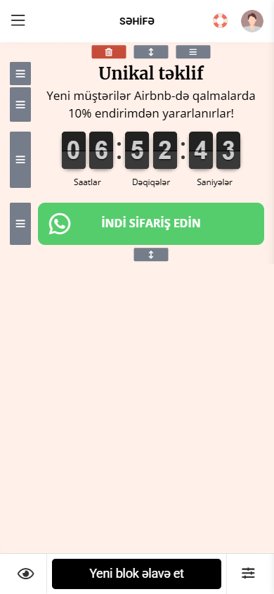 Taplink qurucusunda Mətn, Taymer və Messencer bloklarından ibarət Məhdud təklif bölməsi