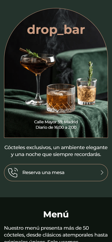 Parte superior del ejemplo de la página de link in bio de un bar