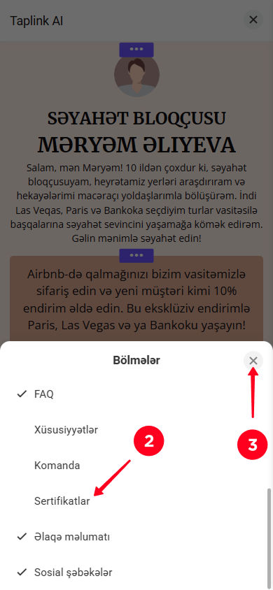 Bölmə parametrləri pəncərəsində bölmələri seçmək və Bağla düyməsinə toxunmaq