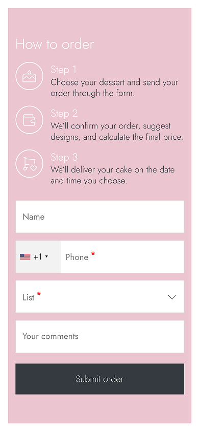 Bottom section of the bakery’s Milkshake-style website with order steps and an order form