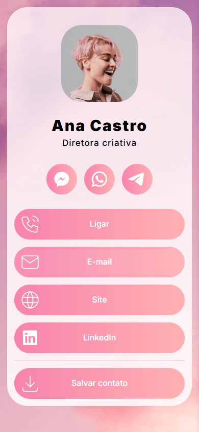 Exemplo de página de link na bio com foto de perfil, títulos, links e botão de contato