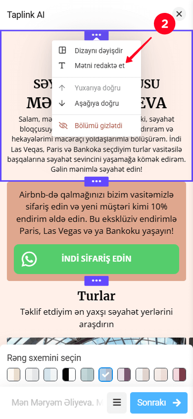 Bölmə parametrləri açılır menyusundan Mətni redaktə et seçimini seçmək