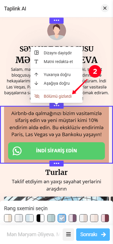 Bölmə parametrləri açılır menyusunda Bölümü gizlətdi seçimini seçmək