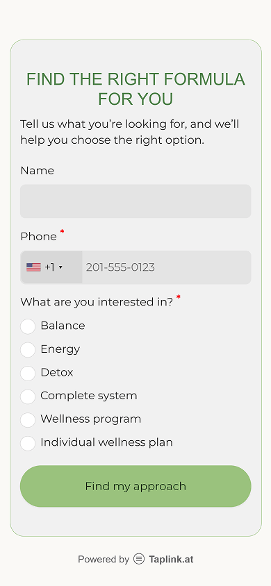 Bottom section of the supplement brand’s Beacons-style website