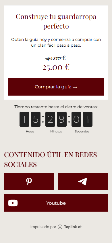 Parte inferior del ejemplo de la página de link in bio del creador de la guía
