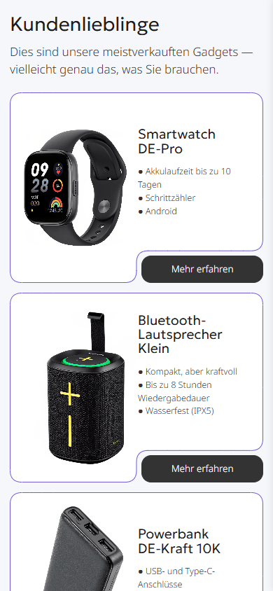 Mittlerer Teil des Link-in-Bio-Seiten-Beispiels eines Gadget-Shops