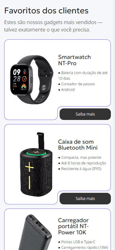 Parte central do exemplo de página de link na bio de uma loja de gadgets