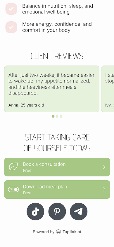 Bottom section of the nutritionist’s Beacons-style website