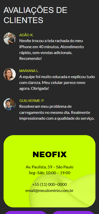 Parte inferior da página de link na bio de uma oficina de conserto de celulares