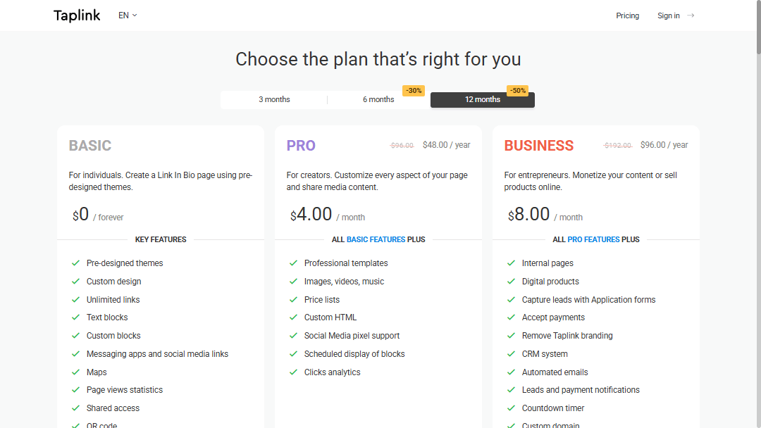 Taplink pricing plans page displaying three plan tiers