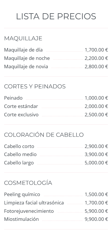 Parte media del ejemplo de la página de link in bio de un salón de belleza