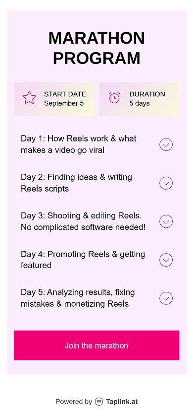 Bottom section of the course host’s Milkshake-style website displaying the FAQ block schedule