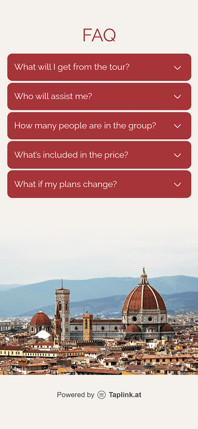 Bottom section of the tour agency’s Beacons-style website built on Taplink
