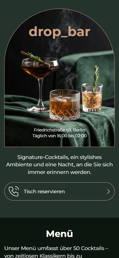 Oberer Teil des Link-in-Bio-Seiten-Beispiels einer Bar