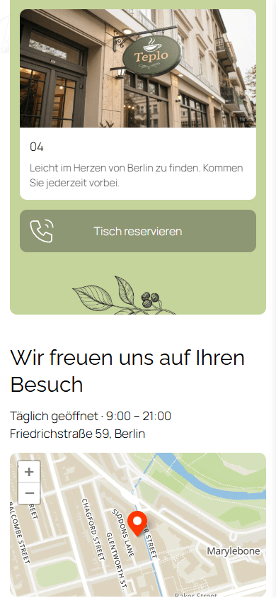 Unterer Teil des Link-in-Bio-Seiten-Beispiels eines Cafés