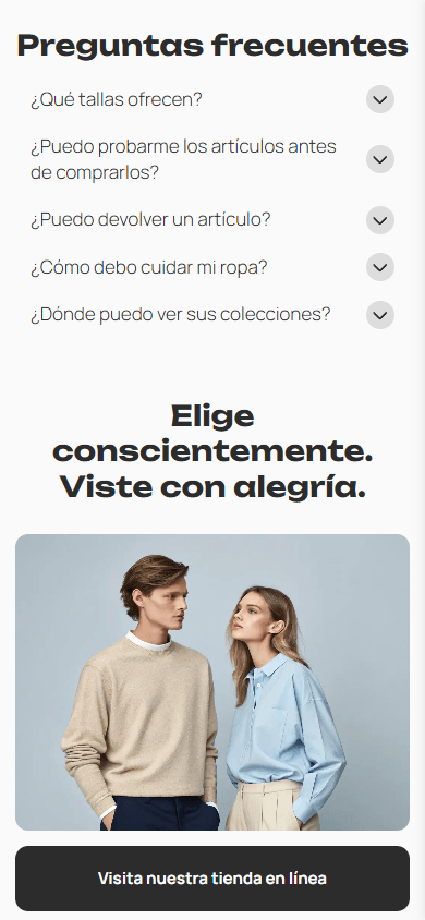 Parte inferior de la página de link in bio de una tienda de ropa