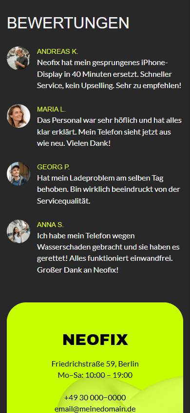 Unterer Teil der Link-in-Bio-Seite eines Handy-Reparaturshops