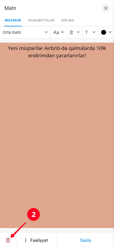 Mətn blokunun parametrlərində silmə ikonuna toxunmaq