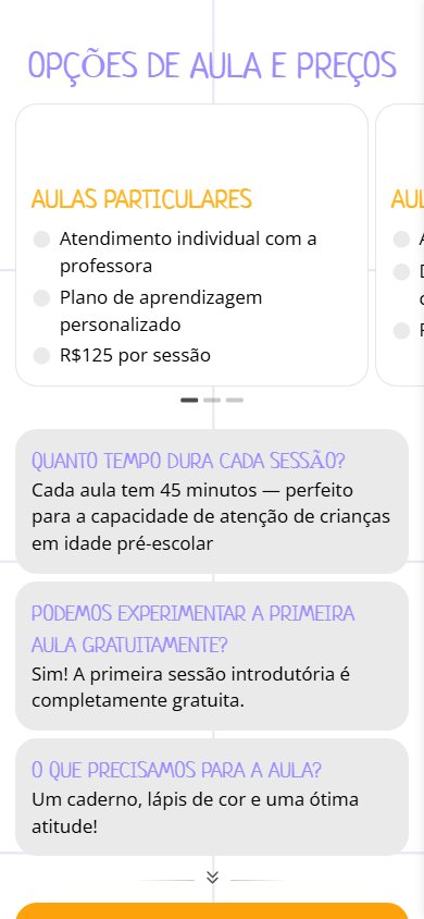 Parte central do exemplo de página de link na bio de uma escola infantil