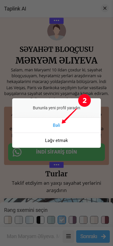 Taplink AI açılan pəncərəsində “Bəli” seçimini seçmək