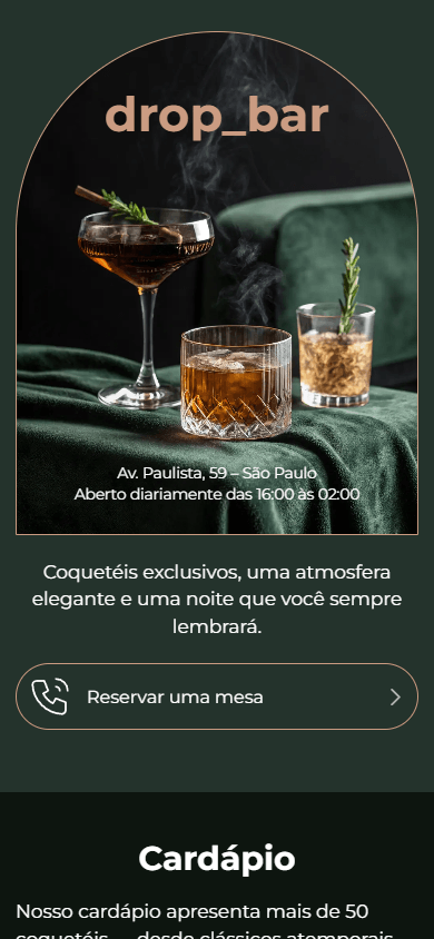 Parte superior do exemplo de página de link na bio de um bar