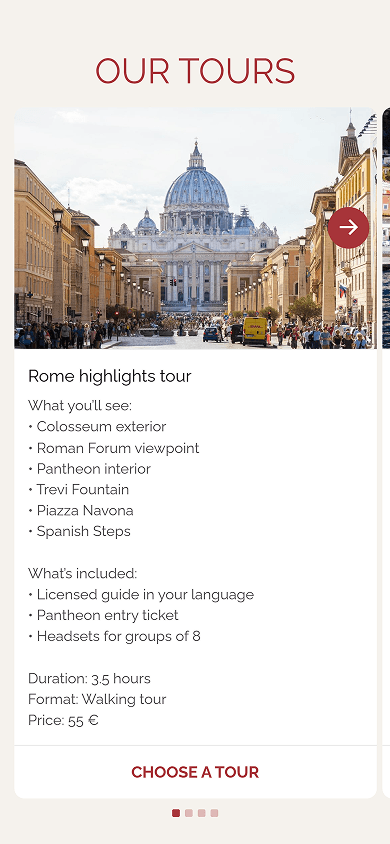 Middle section of the tour agency’s Beacons-style website built on Taplink