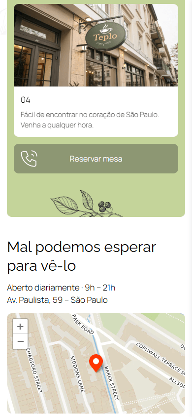 Parte inferior do exemplo da página de um café
