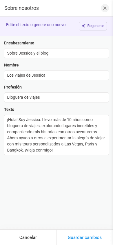 Una ventana de personalización de la sección Sobre nosotros en la herramienta de link in bio con IA de Taplink