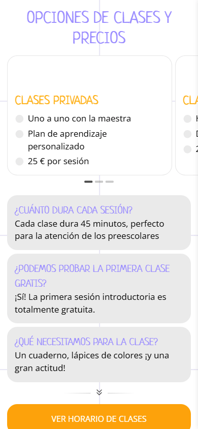 Parte media del ejemplo de la página de link in bio de una escuela infantil