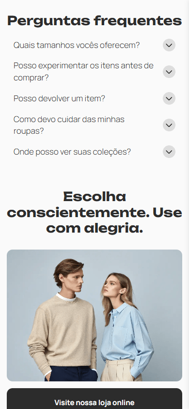 Parte inferior da página de link na bio de uma loja de roupas