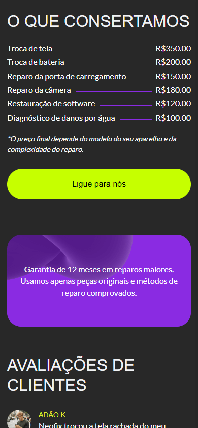 Parte central do exemplo de página de link na bio de uma oficina de conserto de celulares