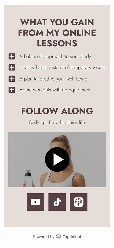 Bottom section of the online fitness trainer’s Milkshake-style website with an embedded video