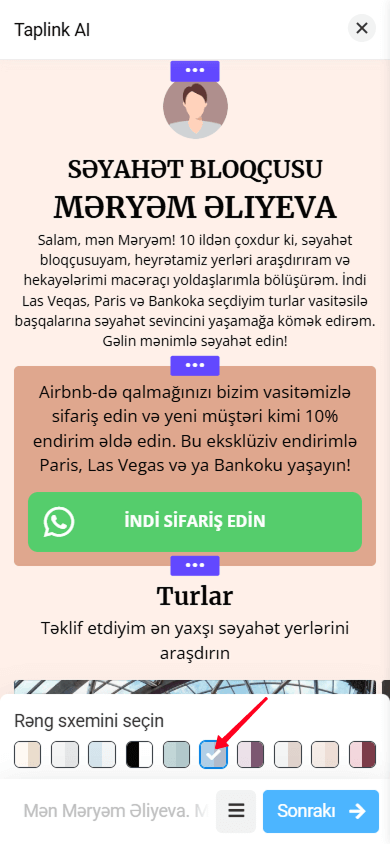 Taplink AI interfeysində narıncı rəngli səhifə