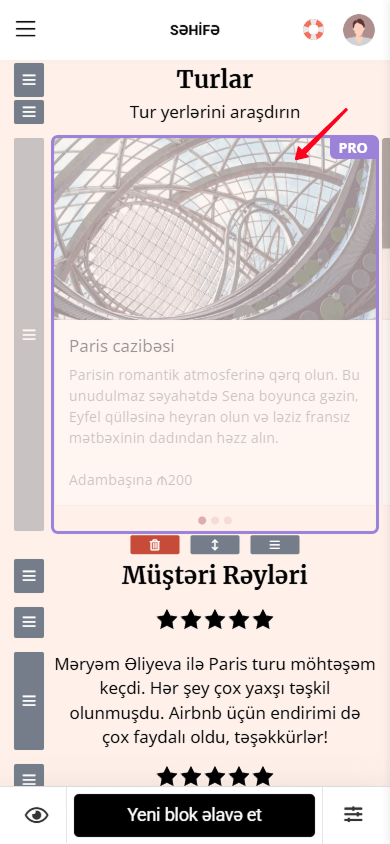 Taplink səhifə redaktorunda Pro etiketi ilə vurğulanan Şəkil karuseli bloku