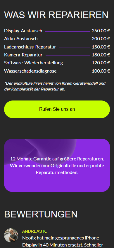 Mittlerer Teil des Link-in-Bio-Seiten-Beispiels eines Handy-Reparaturshops