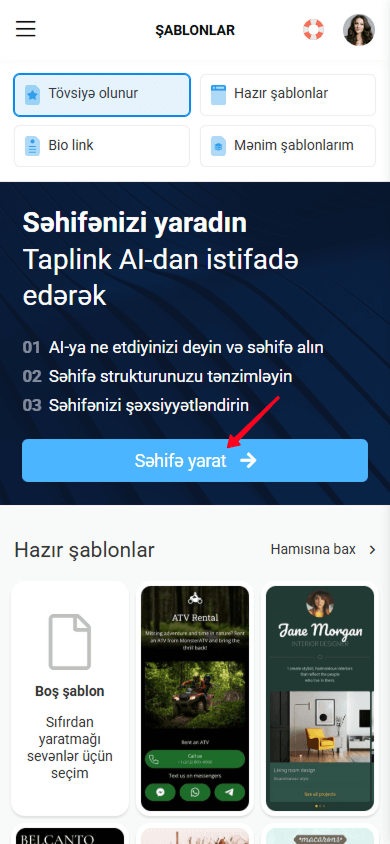 Taplink interfeysində Səhifə yarat düyməsinə toxunmaq