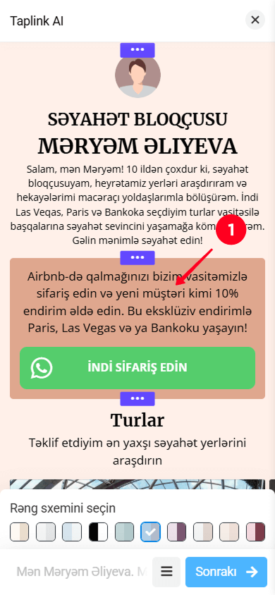 Taplink AI-də Unikal ticarət təklifi bölməsinə toxunmaq