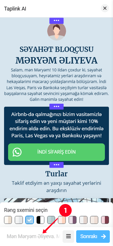 Taplink AI interfeysində biznes təsviri sahəsinə toxunmaq