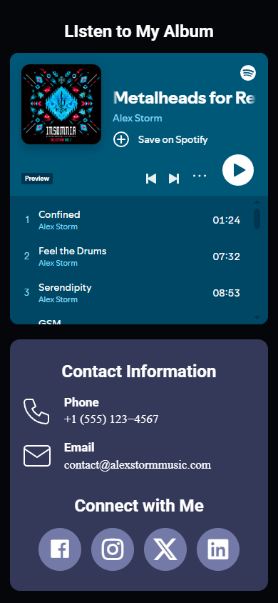 Bottom of the music artist’s website generated with Taplink