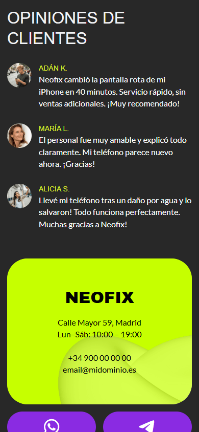 Parte inferior de la página de link in bio de un taller de reparación de teléfonos