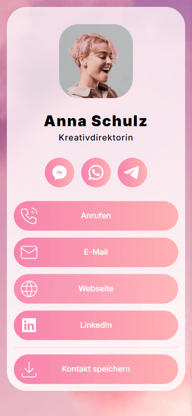 Link-in-Bio-Seiten-Beispiel mit Profilfoto, Überschriften, Links und einem Kontakt-Button