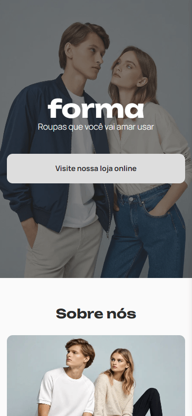 Parte superior do exemplo de página de link na bio de uma loja de roupas